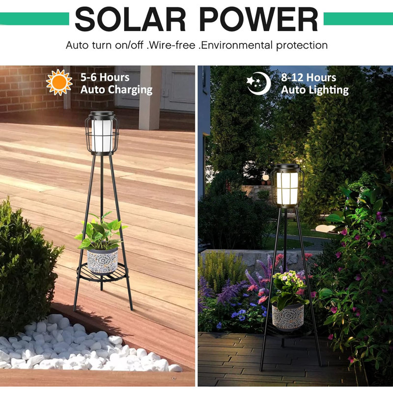 Solar Lights With Plant Stand Solar Floor Lamps Waterproof Solar Powered Outdoor Lights Flower Shelf For Patio Porch Deck Yard Garden Decor